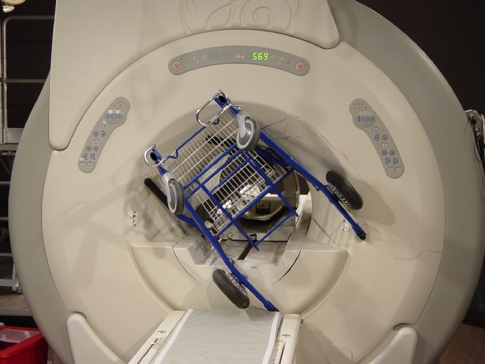 Magnetic power of an MRI scanner revealed as it destroys a chair in video